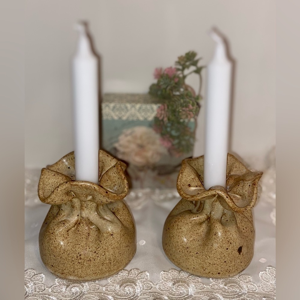 3/55$ Unique Vintage Handmade set of 2 Taper candles holders burlap bags shape